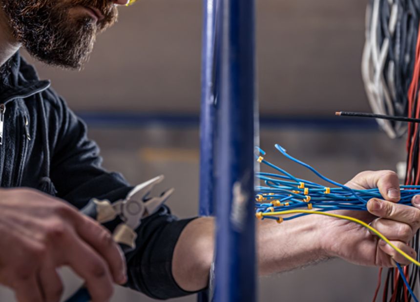 A male electrician works in a switchboard with an electrical connecting cable, connects the equipment with tools.